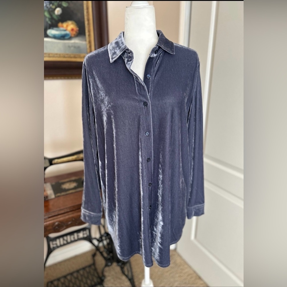 Soft Surroundings Velvet Button-Up Shirt in Slate Blue